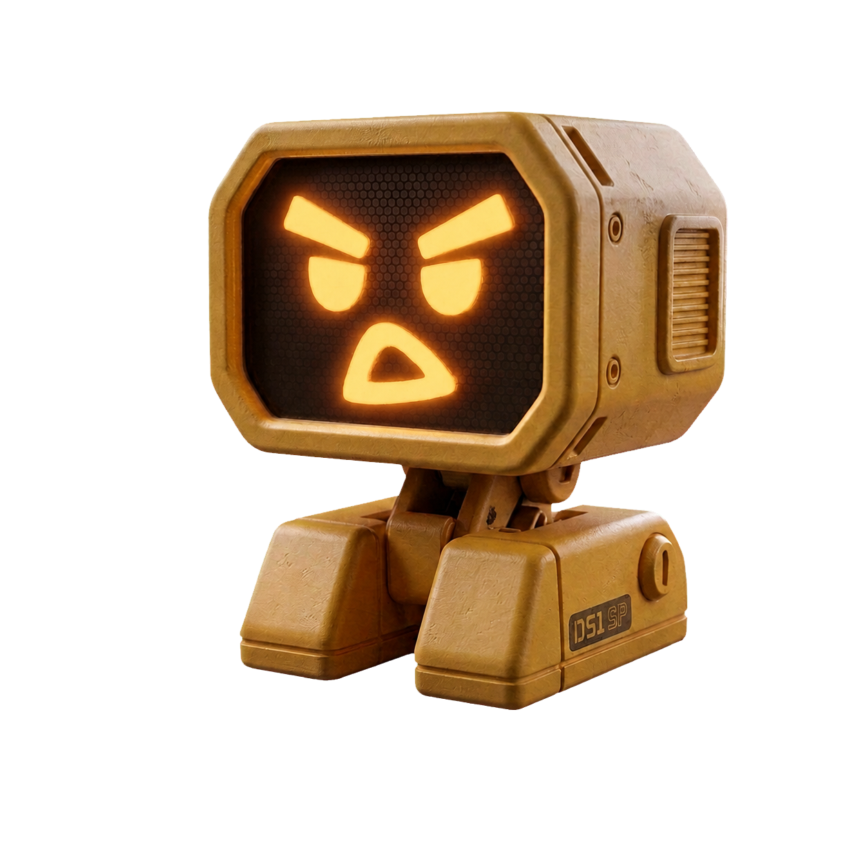 完整站立的 Evilbot 活力黄桌面机器人